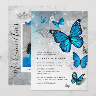 Elegant Blue Butterfly Aschenputtel Quinceanera Einladung