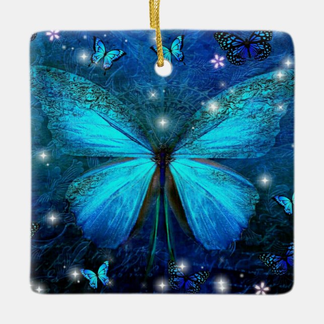 Elegant Blue Butterfly Keramikornament (Vorderseite)