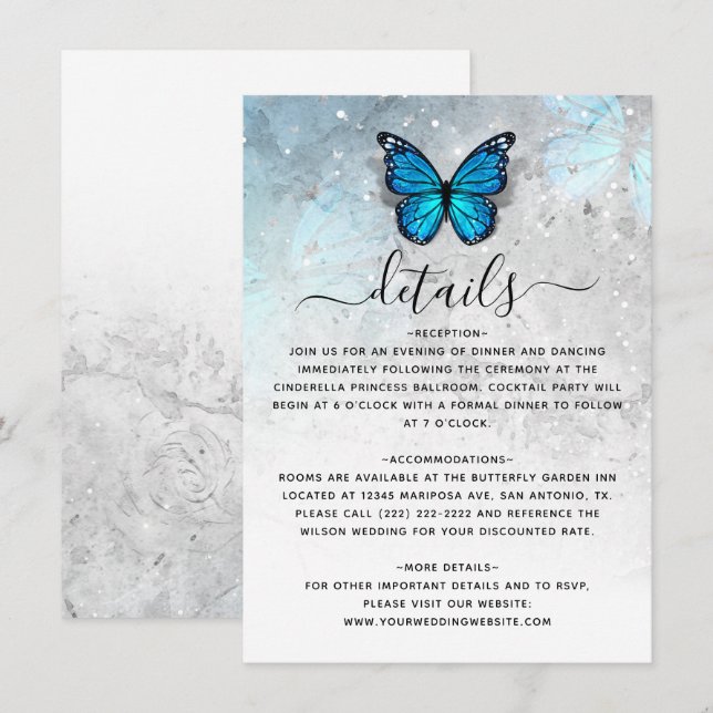 Elegant Blue Butterfly Wedding Details Begleitkarte (Vorne/Hinten)