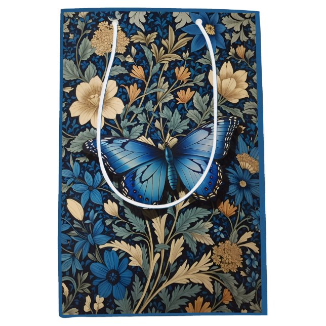 Elegant Blue Butterfly William Morris Inspiriert Mittlere Geschenktüte (Vorderseite)