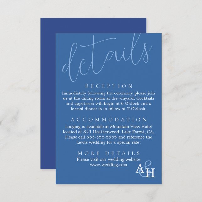 Elegant Blue Calligraphy Script Wedding RSVP Card Begleitkarte (Vorne/Hinten)