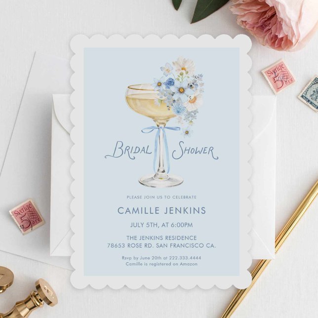 Elegant Blue Champagne Brunch Garden Bridal Shower Einladung (Blue Bubbly Bridal Shower Invitation)