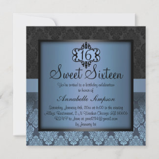Elegant Blue Chic Damask Sweet16 Einladung