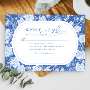 Elegant Blue Chinoiserie Bird Peony Wedding RSVP Karte