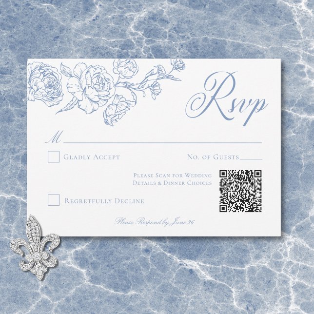 Elegant Blue Chinoiserie Bird & Wappen Wedding QR RSVP Karte (Elegant Blue Chinoiserie Bird & Crest Wedding QR RSVP Card)