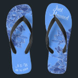 Elegant Blue Chinoiserie Chic Wedding Just Married Flip Flops<br><div class="desc">Mit einer chinoiserie Illustration von Blumenmuster auf blauem Hintergrund und Hochzeitbegriffen Typografie sind diese eleganten Flip Flops eine hübsche Idee für Ihre Hochzeit. Sie fügen Ihrem Hochzeitstag, Junggeselinnen-Abschied oder anderen Feierlichkeiten eine stilvolle Glamour hinzu. Strich Anpassen Sie es mit Ihrer Formulierung durch die Vorlagenfelder. Wenn Sie gewollt haben, um den...</div>