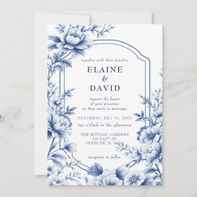 Elegant Blue Chinoiserie Floral Botanical Wedding Einladung (Vorderseite)