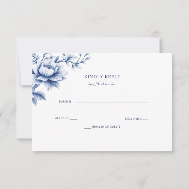 Elegant Blue Chinoiserie Floral Botanical Wedding RSVP Karte (Vorderseite)