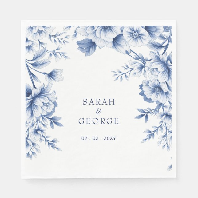 Elegant Blue Chinoiserie Floral Botanical Wedding Serviette (Vorderseite)