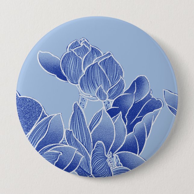 Elegant Blue Chinoiserie Floral Lotus Mandala Button (Vorderseite)