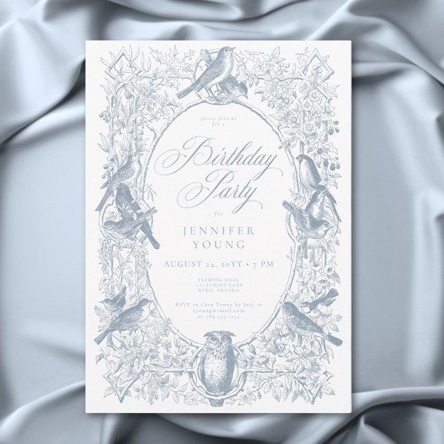 Elegant Blue Chinoiserie Natur & Vögel Geburtstag Einladung (Elegant Blue Chinoiserie Nature & Birds Birthday Invitation)