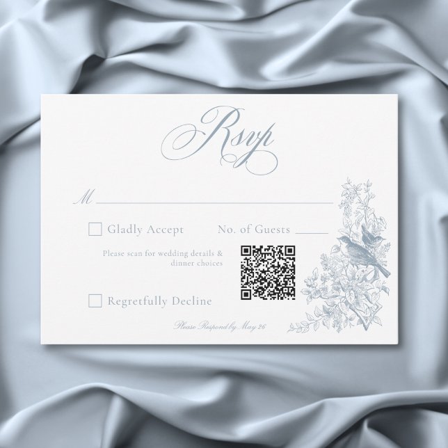 Elegant Blue Chinoiserie Nature & Birds Wedding QR RSVP Karte (Elegant Blue Chinoiserie Nature & Birds Wedding RSVP Card)