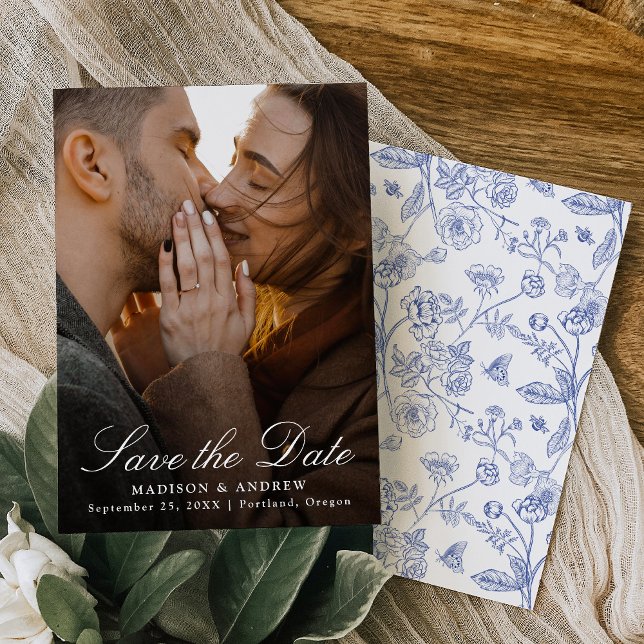 Elegant Blue Chinoiserie Photo Wedding Save The Date (Von Creator hochgeladen)