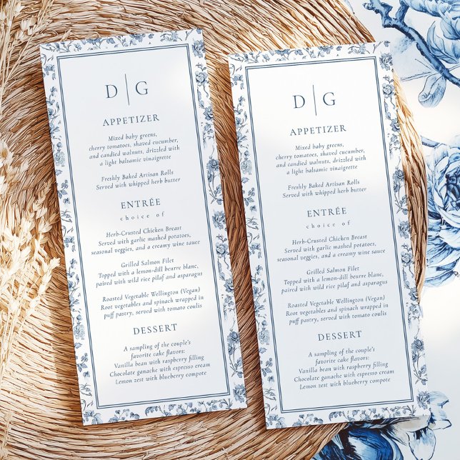 Elegant Blue Chinoiserie Wedding Menu Menükarte (Von Creator hochgeladen)