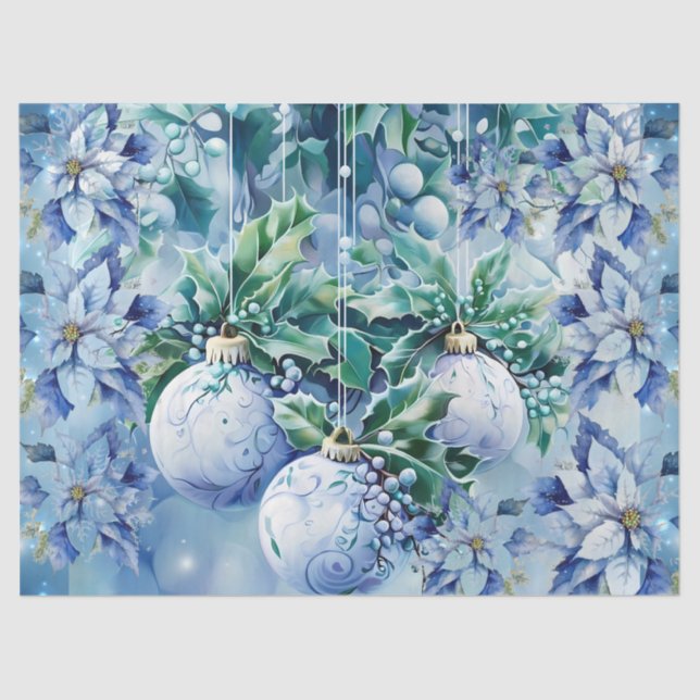 Elegant Blue Christmas Floral Balls Decoupage Seidenpapier (Vorderseite)