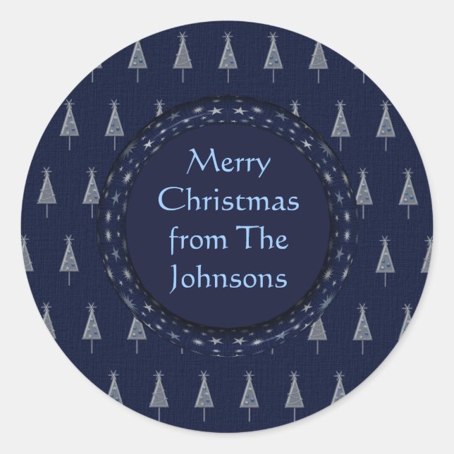Elegant Blue Christmas Trees and Stars Runder Aufkleber (Vorderseite)