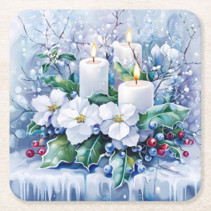 Elegant Blue Christmas White Poinsettia & Candles Rechteckiger Pappuntersetzer