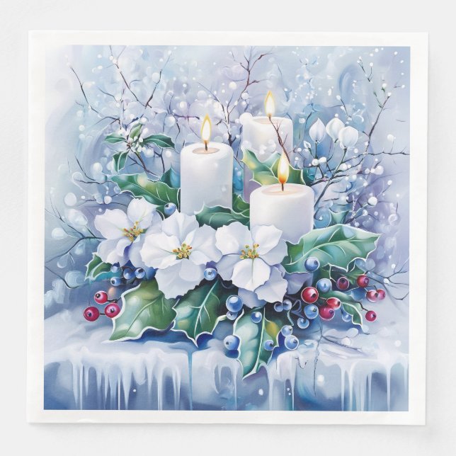 Elegant Blue Christmas White Poinsettia Candles Serviette (Vorderseite)