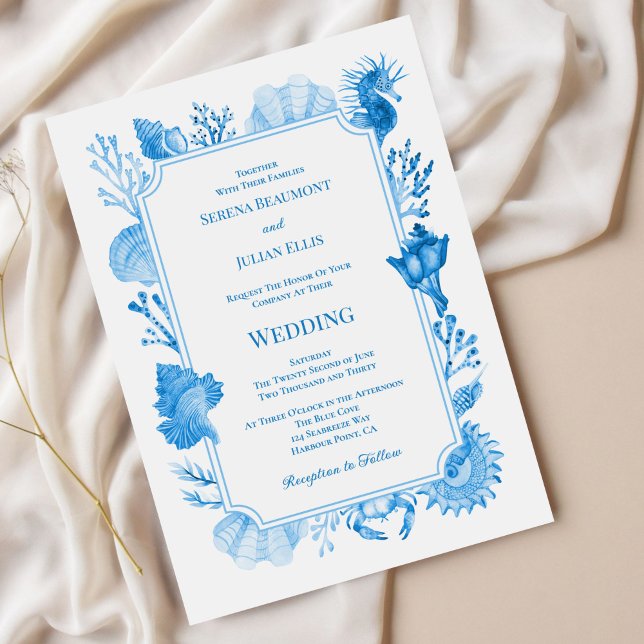 Elegant Blue Coastal Seashell and Coral Wedding Einladung (Elegant Blue Coastal Seashell and Coral Wedding Invitation)