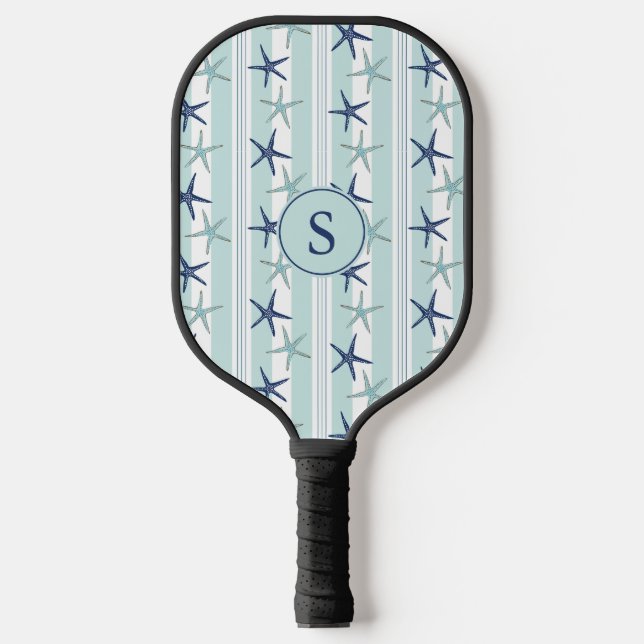 Elegant Blue Coastal Starfish Mit Monogramm Pickleball Schläger (Vorderseite)