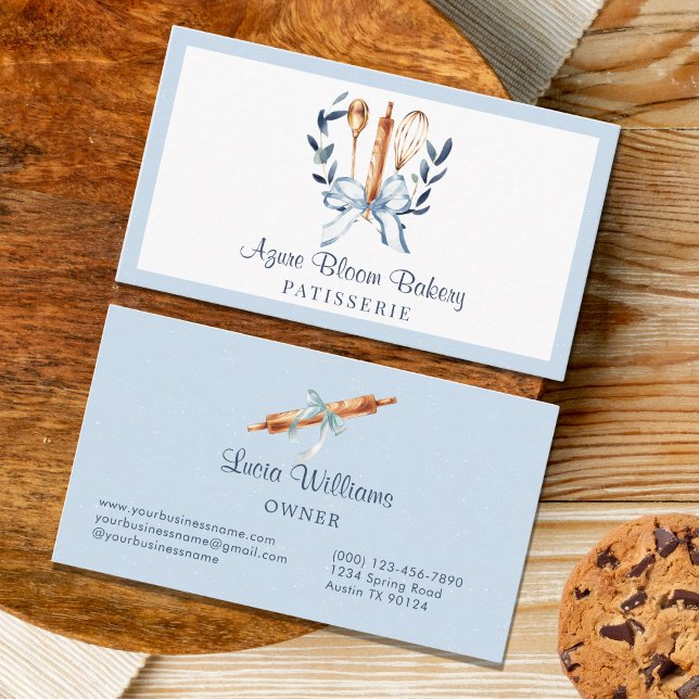 Elegant Blue Coquette Bow Utensils Bakery Visitenkarte (Watercolor Blue bow utensils bakery business card)
