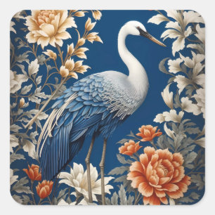 Elegant Blue Crane William Morris Inspiriert Quadratischer Aufkleber