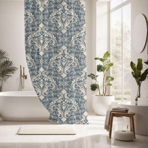 Elegant Blue Cream Damask Duschvorhang