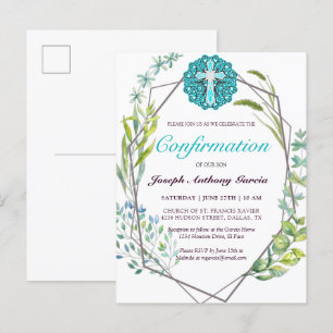 Elegant Blue Cross Botanical Floral Bestätigung Einladungspostkarte