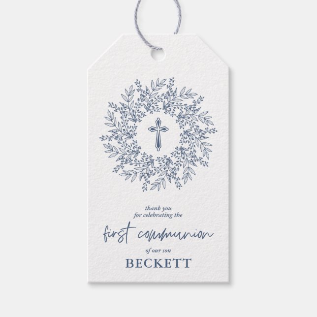 Elegant Blue Cross Boy First Communion Favor Geschenkanhänger (Vorderseite)