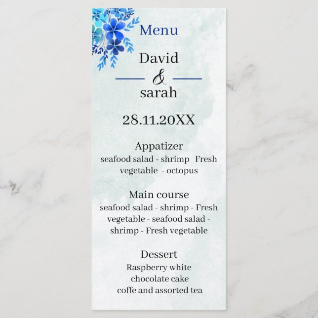 Elegant Blue Custom Wedding Menükarte (Vorderseite)