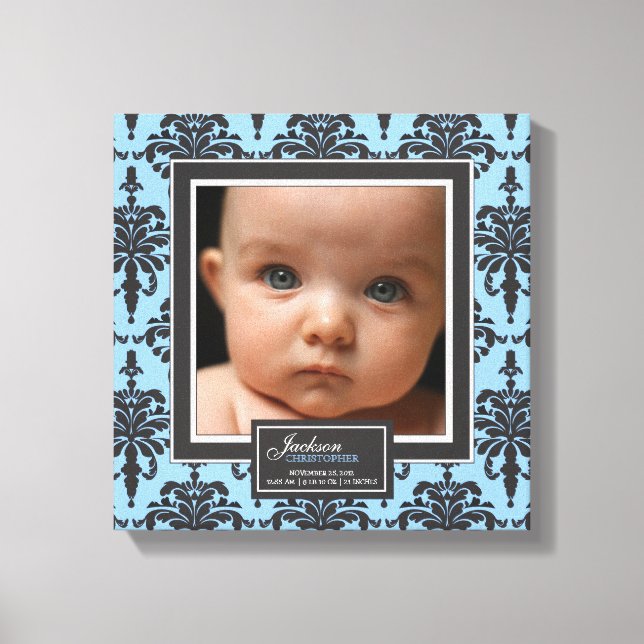 Elegant Blue Damask Baby Foto Geburtsdekor Leinwanddruck (Vorderseite)
