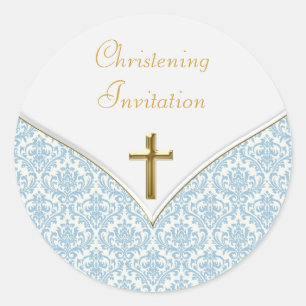 Elegant Blue Damask Christening Stickers