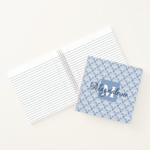 Elegant Blue Damask Hübscher Mit Monogramm Spiral Notizbuch