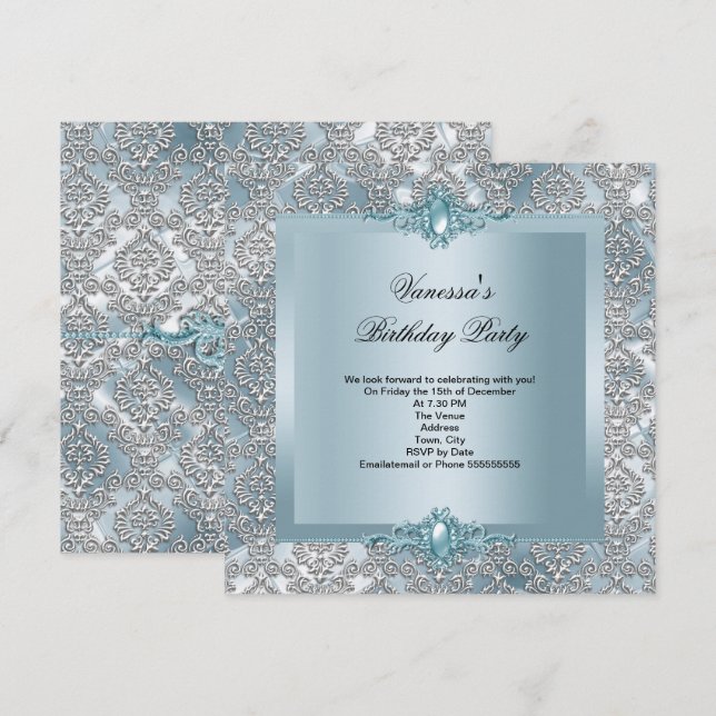 Elegant Blue Damask Silver Birthday Party Einladung (Vorne/Hinten)