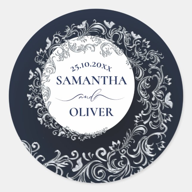 Elegant Blue Damask Wedding Runder Aufkleber (Vorderseite)