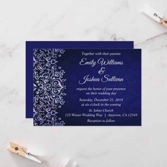 Elegant Blue Damask Winter Wedding Einladung (Vorderseite/Rückseite Beispiel)