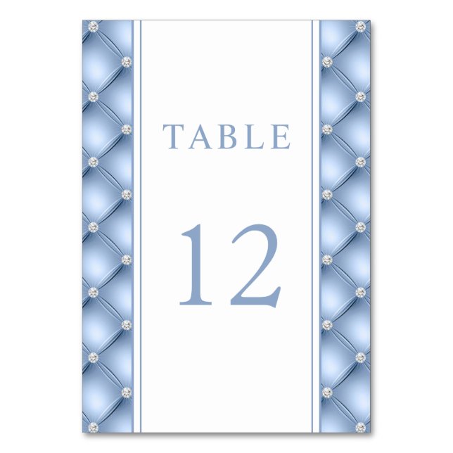 Elegant Blue Diamond Tufted Wedding Tischnummer (Vorderseite)