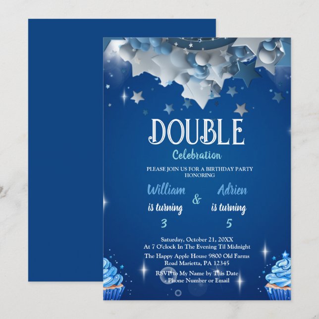 Elegant Blue Double Celebration Birthday Einladung (Vorne/Hinten)