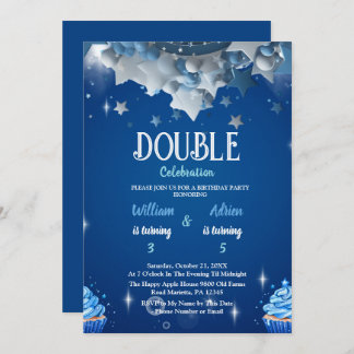 Elegant Blue Double Celebration Birthday Einladung