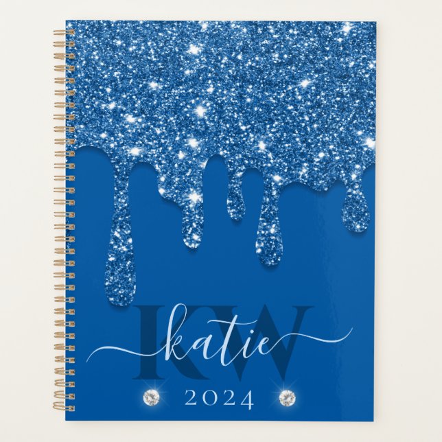 Elegant Blue Dripping Glitzer Monogram Planer (Vorderseite)
