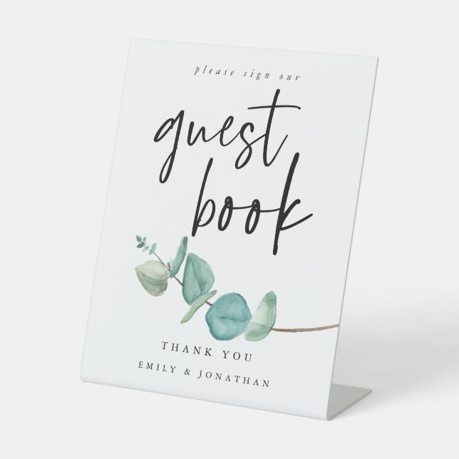 Elegant Blue Eucalyptus Guest Book Wedding Sockelschild (Vorderseite)