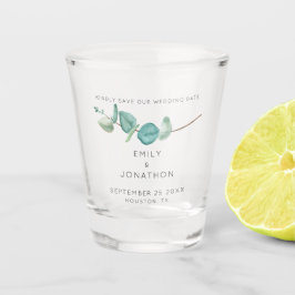 Elegant Blue Eucalyptus Keepake Save the Date Sho Schnapsglas