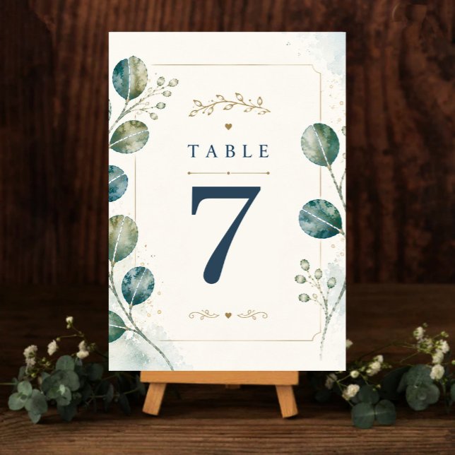 Elegant Blue Eucalyptus Watercolor Tischnummer (Von Creator hochgeladen)
