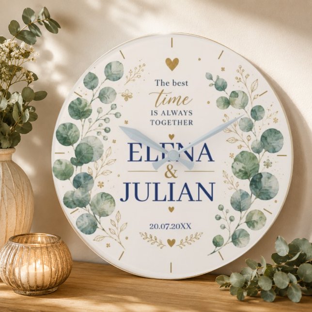 Elegant Blue Eucalyptus Wedding Große Wanduhr (Von Creator hochgeladen)