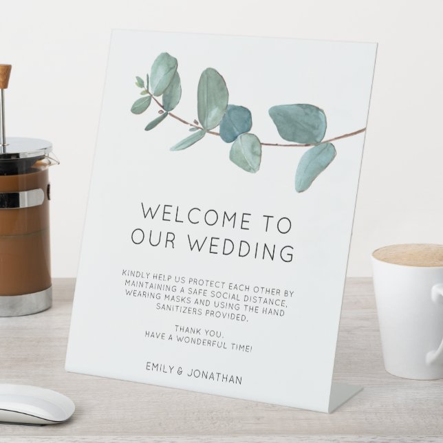 Elegant Blue Eucalyptus Willkommen COVID Safety Pe Sockelschild (In Situ)