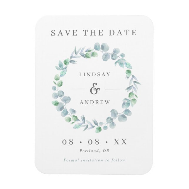 Elegant Blue Eucalyptus Wreath Save the Date Magnet (Vertikal)