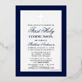 Elegant Blue First Holy Communion Cross Silver Folieneinladung