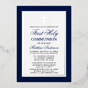 Elegant Blue First Holy Communion Cross Silver Folieneinladung