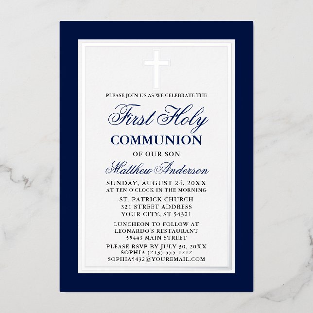 Elegant Blue First Holy Communion Cross Silver Folieneinladung (Vorderseite)