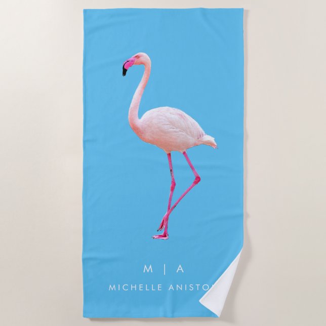 Elegant Blue Flamingo | Monogram Custom Dry Strandtuch (Vorderseite)